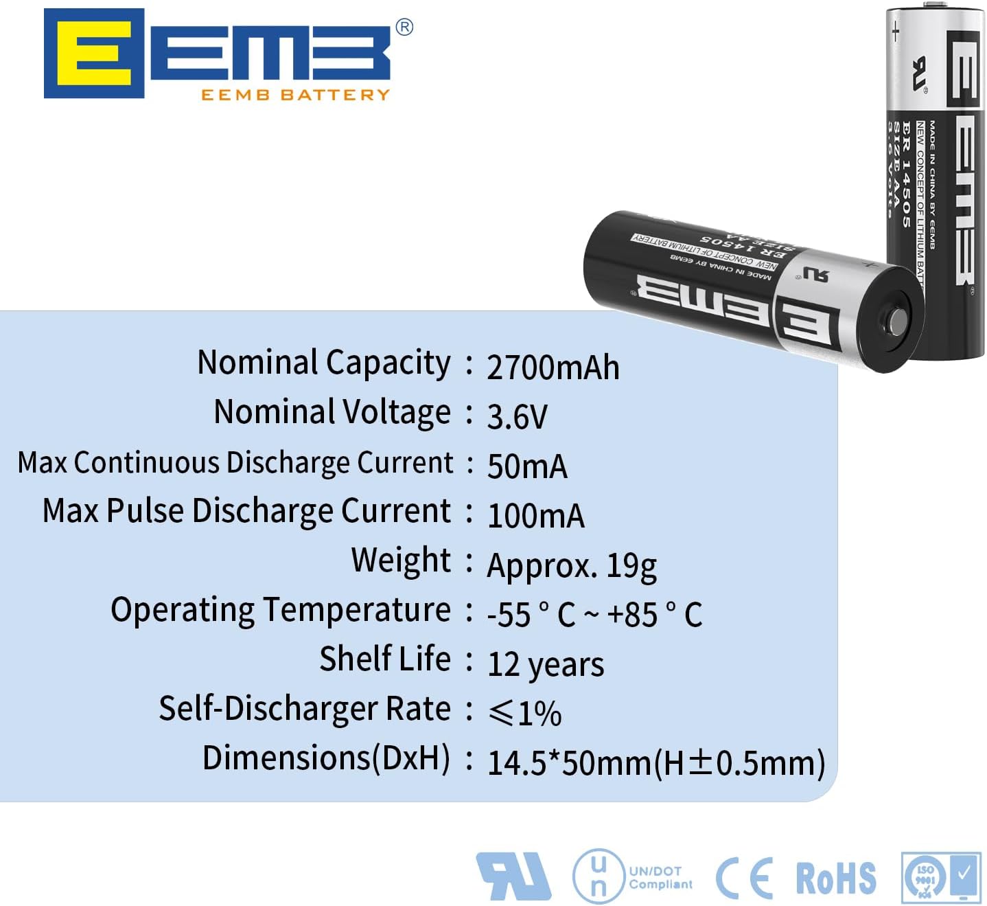EEMB ER14505 AA 3,6V Lithium Battery Li-SOCL₂ Non Rechargeable SB-AA11 LS14500 TL-5903 ER14500 2700mAh pour Compteur d'électricité d'eau Gaz PLC Équipement d'installation Batterie générique (4)