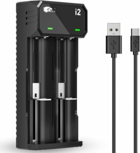 Chargeur Accu 18650, 2 Slots Chargeur Piles Rechargeable Li-ION 3,7V 18650 18490 18350 18500 17500 14500 20700 21700 26650 Batterie au Lithium (avec USB-C)