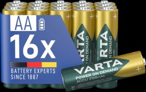 VARTA Piles AA, rechargeables, lot de 16, Recharge Accu Power on Demand, batterie rechargeable, 2100 mAh Ni-MH, sans effet mémoire, préchargées, prêtes à l’emploi [Exclusif sur Amazon]