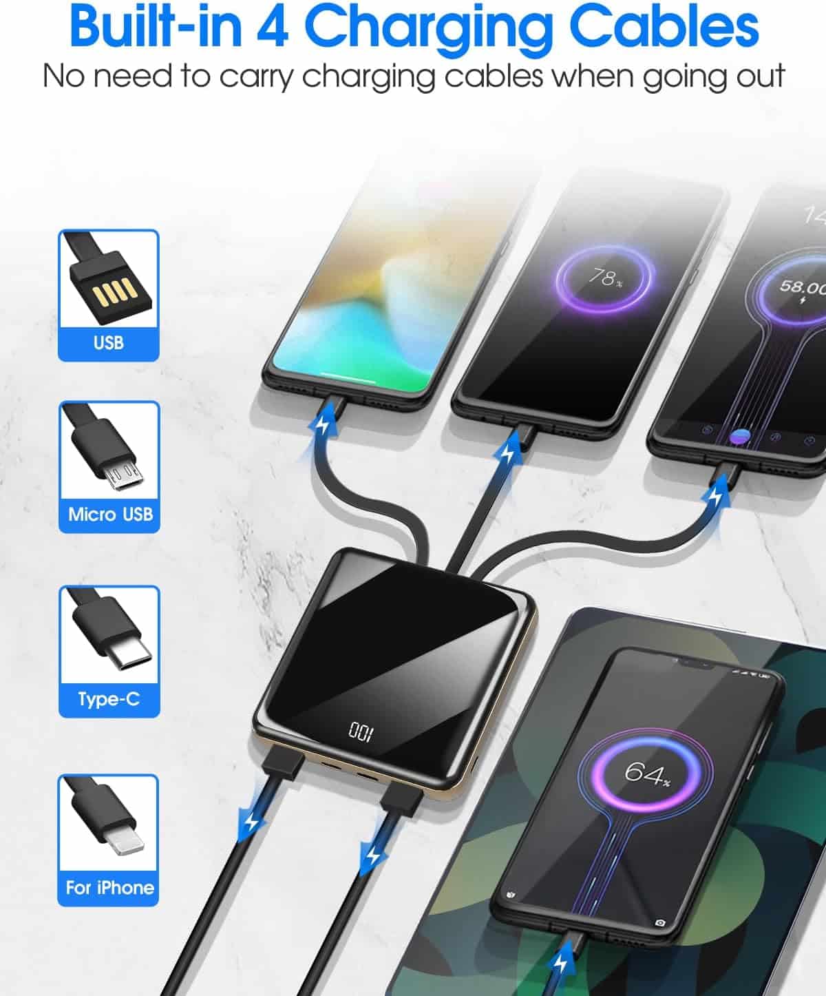 Power Bank 10000mAh Avec Câbles Intégrés - 6 Sorties, écran LED, Lampe Torche - Charge Rapide PD/QC