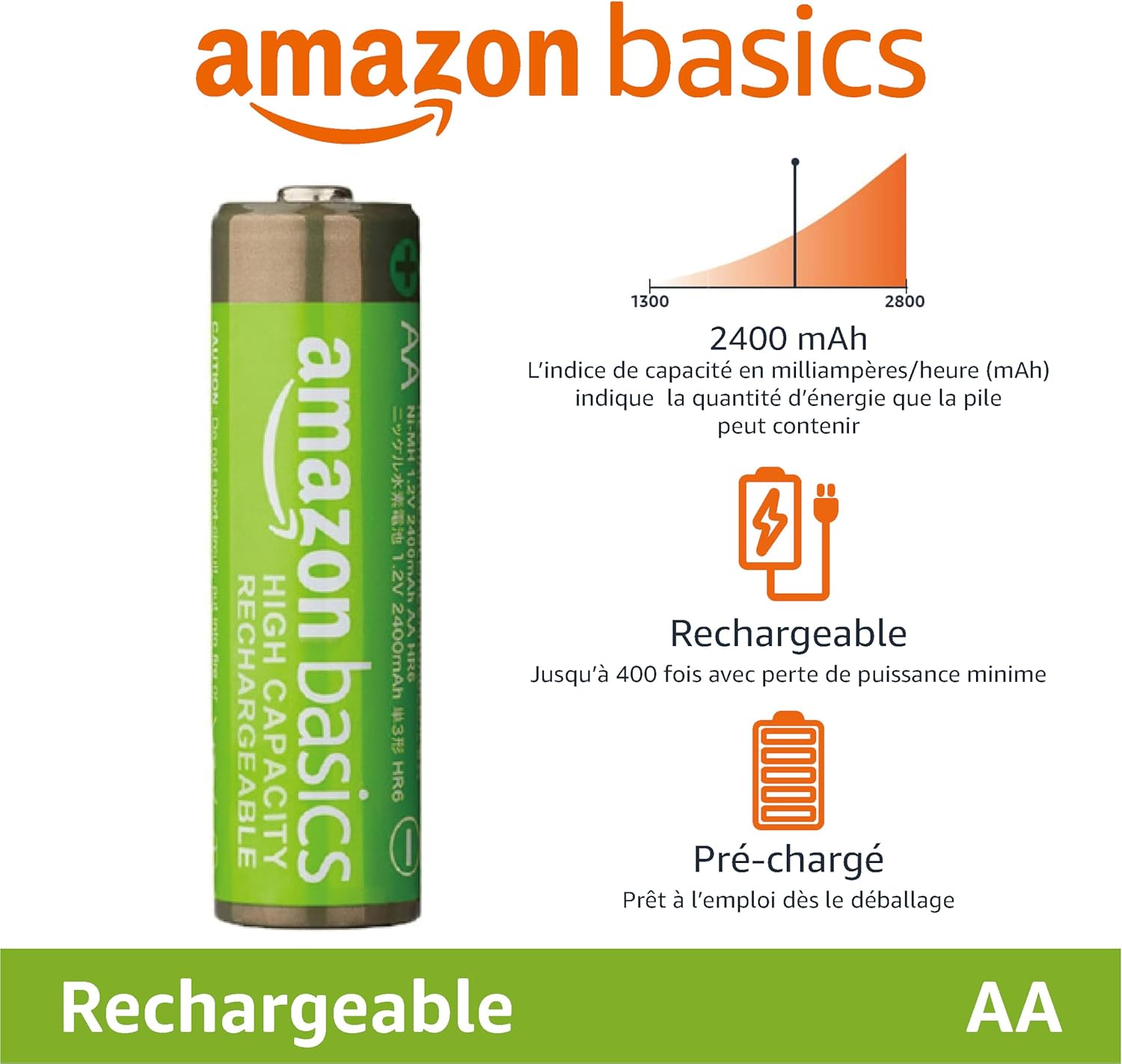 Lot de 8 piles rechargeables AA NiMH 2400 mAh haute capacité - vue 3