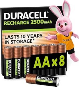 Piles rechargeables AA Duracell 2500 mAh, lot de 8, pré-chargées