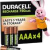 Piles rechargeables AAA Duracell 750 mAh, lot de 4, pré-chargées