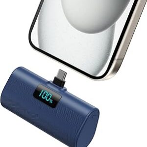 Batterie externe 5200mAh USB-C pour iPhone 16/15, ultra-compacte avec écran LCD (Bleu)