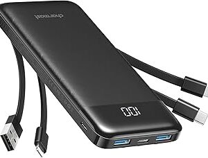 Batterie externe 10000mAh avec 4 câbles intégrés, power bank USB-C pour iPhone et Samsung