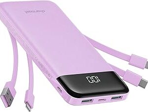 Batterie externe 10000mAh avec 4 câbles intégrés, power bank USB-C pour iPhone et Samsung